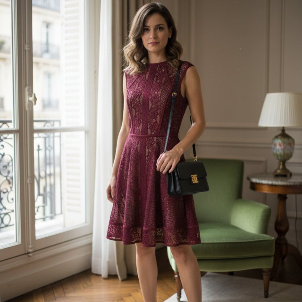New Windsor Size Small Dress Maroon Lace Nude Lined Sheer Keyhole‎ Back